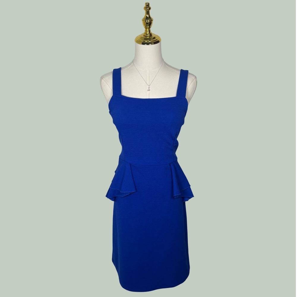 avon royal blue midi cocktail dress hip peplum chic coquette office siren formal